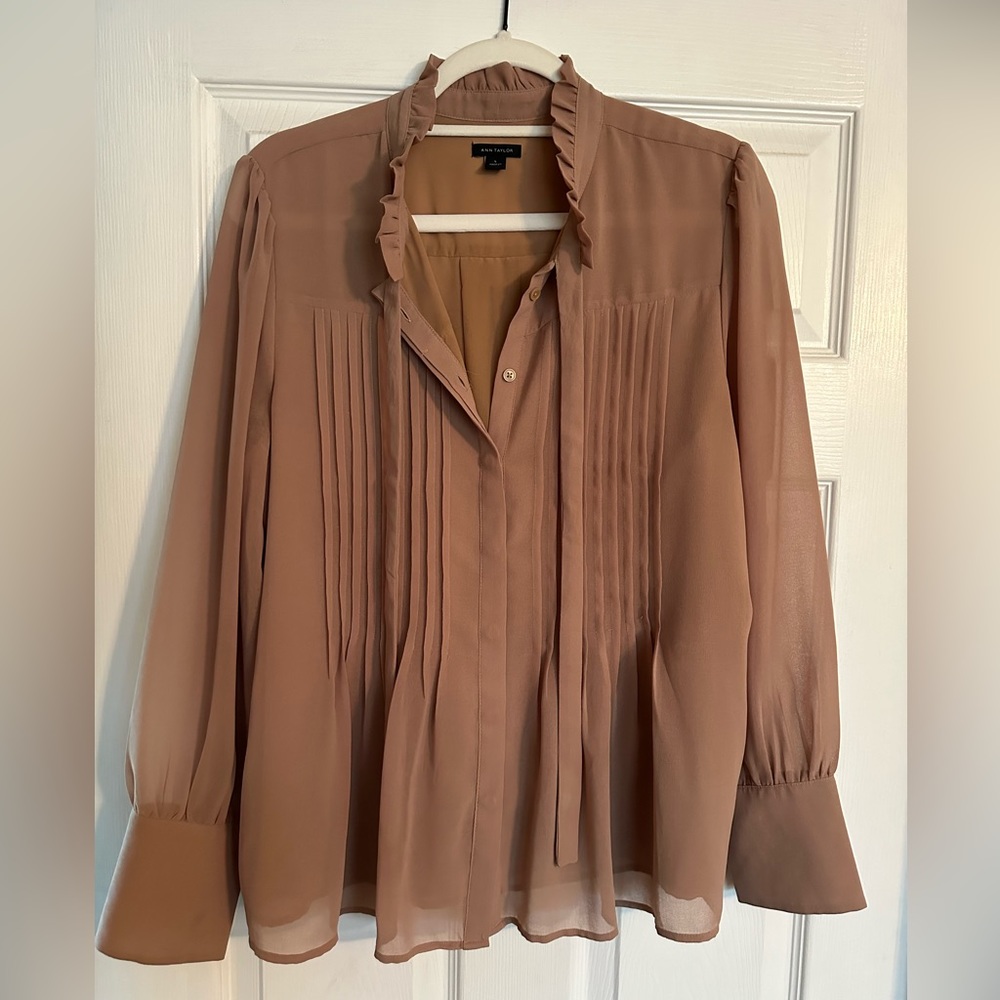 Light brown tie neck long sleeve blouse
